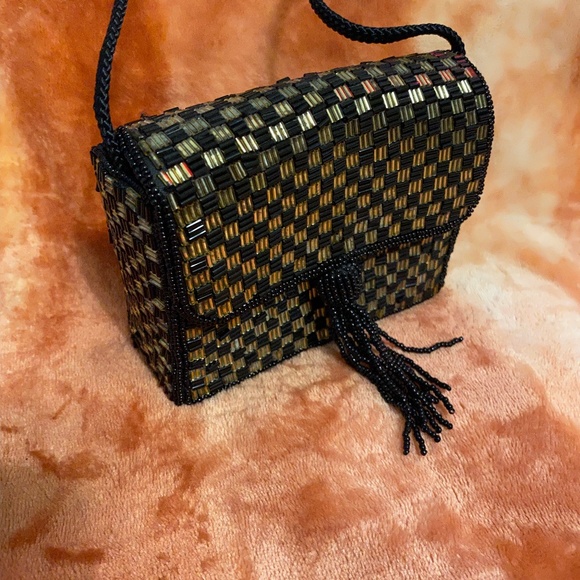 Magid Beaded Black and Gold Evening Bag with Beaded Tassel - Picture 9 of 15